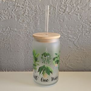 Frosted Glass Tumbler with Bamboo Lid and Glass Straw "Just One More"